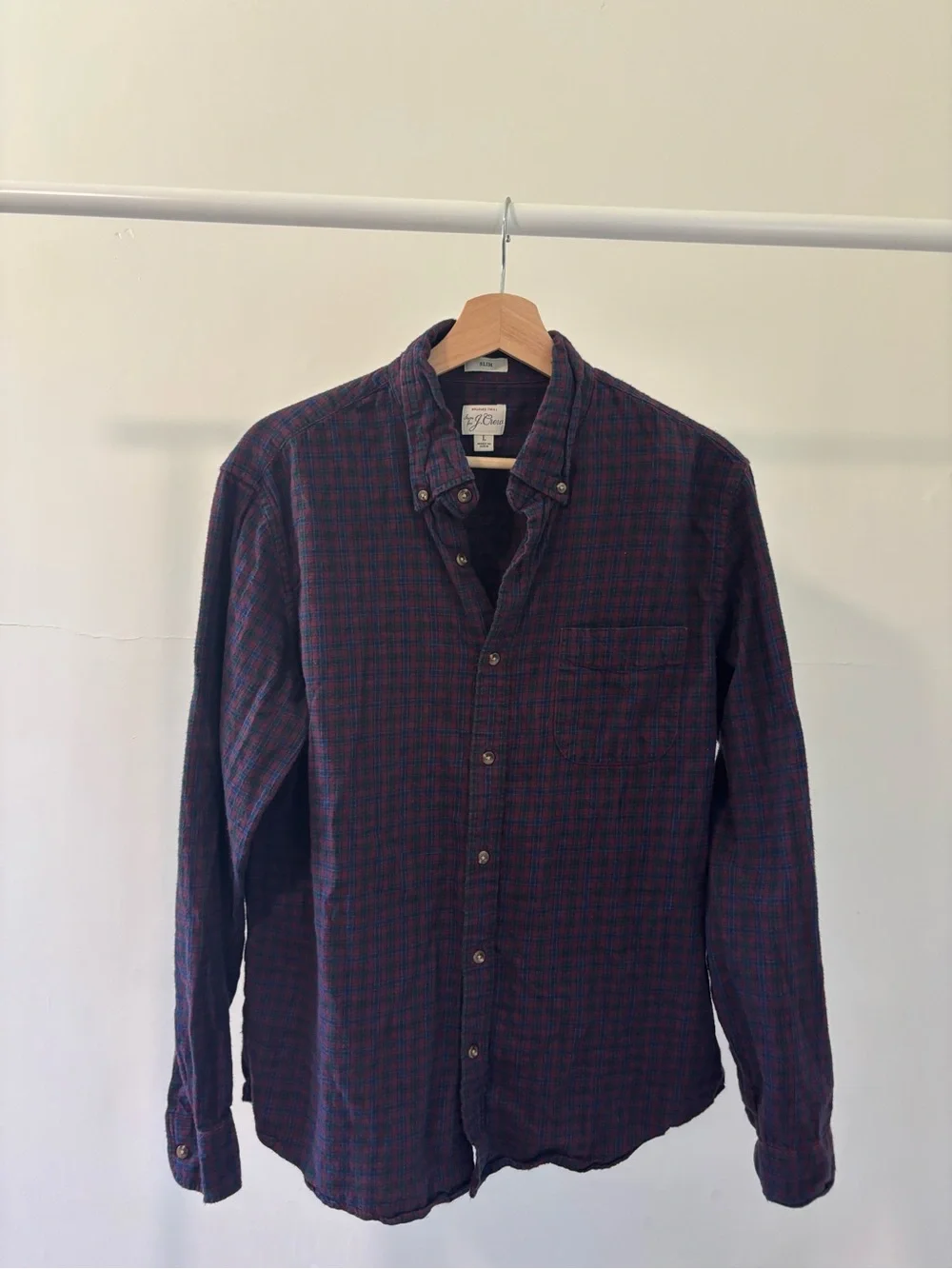 J. Crew Men’s Navy & Burgundy Plaid Cotton Button-Down Shirt | 100% cotton | L